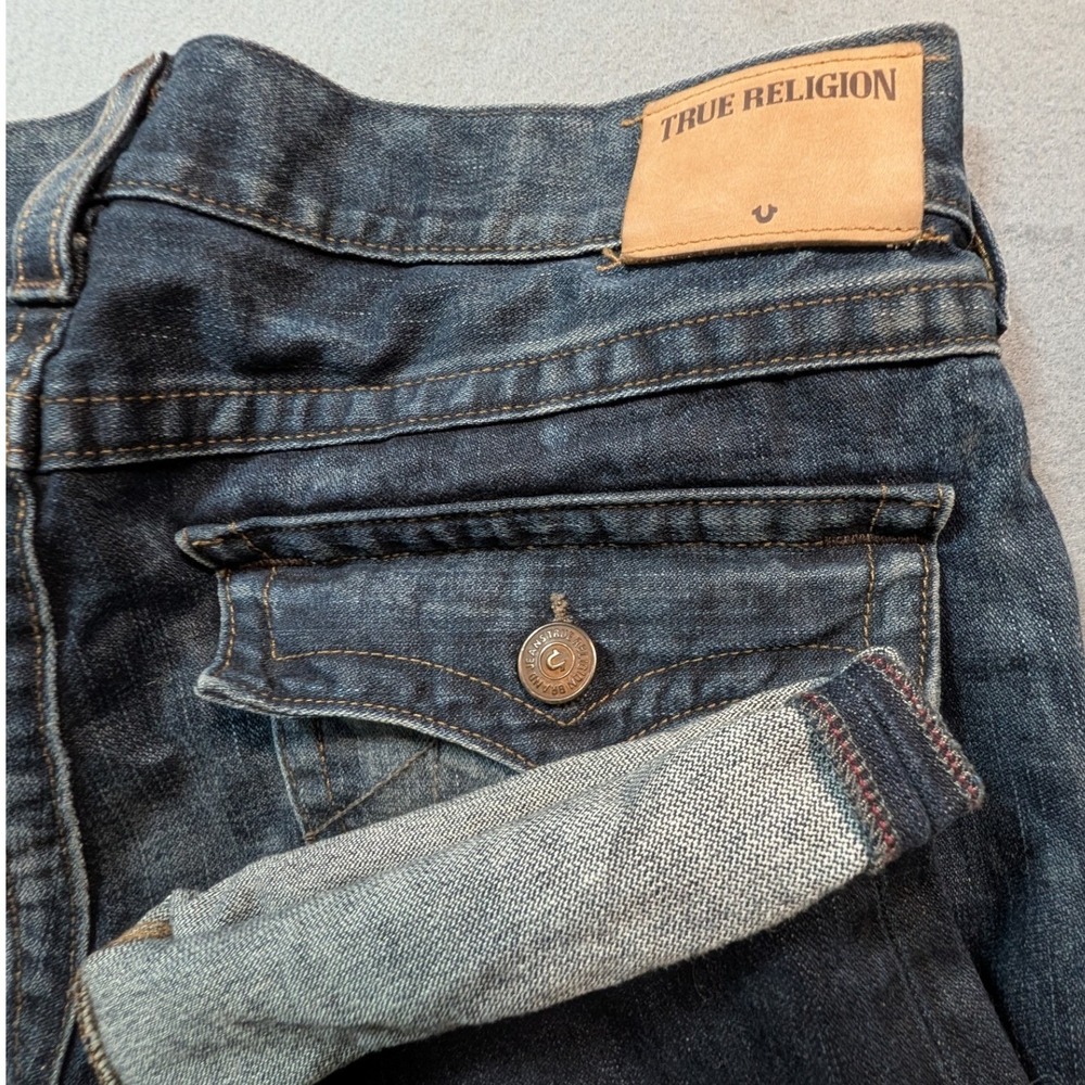 True Religion Ricky Relaxed Straight Jeans Mens 36 Blue Distressed Selvedge